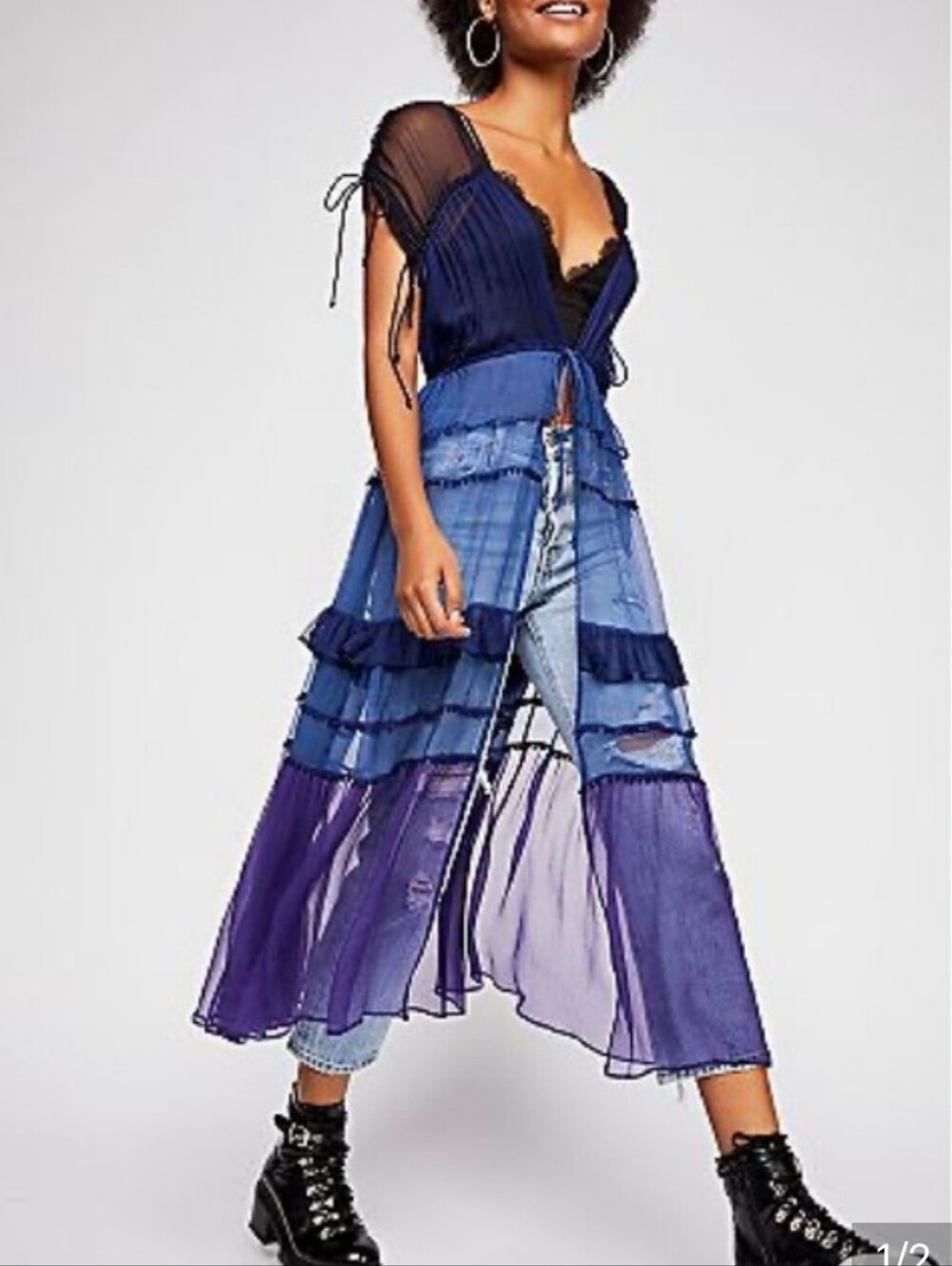 NFC × Free People Color Block Chiffon Kimono Duster Blue Sheer RARE FIND Dress